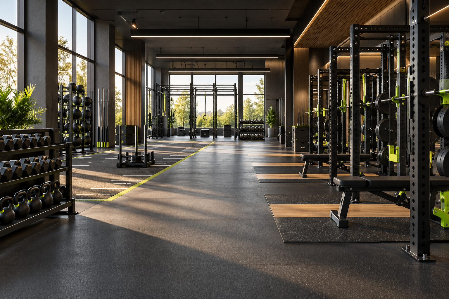 Spacious strength training floor with lifting platforms and natural light